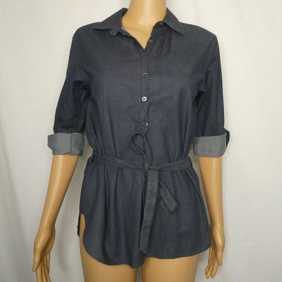 Theory Tab Sleeve Popover Chambray Shirt Ties P XS Blouse Top Belted Dark Blue - Picture 1 of 9